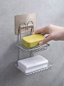 ช่องเก็บน้ำมันสบู่สองชั้นแบบติดผนังแบบดูดซับวัสดุอุปกรณ์สำหรับใช้ในห้องน้ำแบบไร้ร่องรอย ช่องเก็บน้ำมันสบู่แบบไม่ต้องเจาะ