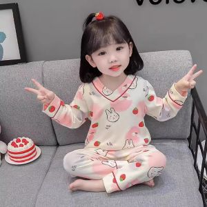 Girls Cotton Pajamas Long Sleeve Breathable Home Clothes for Spring Autumn Winter Comfortable Soft Pure Cotton Rabbit Strawberry Cardigan