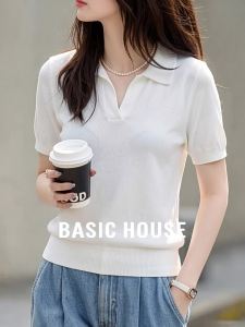 Basic House | White V-Neck Straight-Shoulder Thin Summer T-Shirt