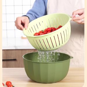 Thickened Multi-Functional Plastic Drain Basket Kitchen Vegetable Washing Basket Double Layer Fruit Basket Rice Cleaning Blue