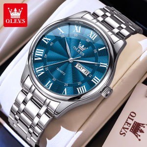 OLEVS นาฬิกา ผู้ชาย กัน น้ำ ปฏิทินคู่ เรืองแสง ของแท้ สายสแตนเลส นาฬิกาข้อมือผู้ชาย นาฬิกา