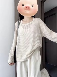 ผู้หญิง แขนยาวกลวง เสื้อผ้าถัก ฤดูร้อน อุปกรณ์ป้องกันแสงแดดแบบบาง เสื้อท่อนบน หลวม คอกลมพอดี เสื้อสวม ลำลอง เสื้อสเวตเตอร์