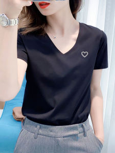 Luxurious Short Sleeve V-Neck T-Shirt Womens Office Basic Shirt Summer New Style Black Diamond Embellished Slim Fit Cotton Polyester Blend