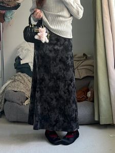 กระโปรงทรงเอเอวสูงผูกโบว์ยาวคลุมเข่า กระโปรงทรงร่มสไตล์จีนสำหรับผู้หญิงไซส์ใหญ่ ความยาวปานกลาง ฤดูใบไม้ร่วง 2024