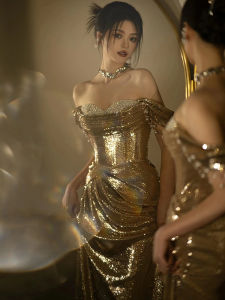 Golden Evening Gown Womens High-End Sequin Host One-Shoulder Bustier Toast Dress Bride Fish Tail Skirt Small Train Elegant