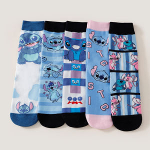 Disney | 5 Pairs of New Blue Womens Mid Length Socks With Personalized and Trendy Cartoon and Anime Patterns Womens Knitted Long Socks