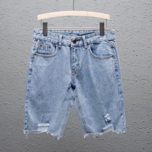 Ripped Hem Denim Shorts Mens Straight Leg Light Blue mid Waist Five Pocket Style Urban Fashion Summer Shorts Korean Tassel Trend