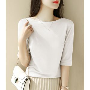 Summer 2023 Womens Ice Silk Knitted Base Shirt Half Sleeve One Shoulder Slim Fit Pure Color Top Korean Style Commute Fashion