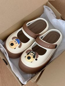 Cute Mary Jane Dog Print Sandals Summer Korean Style Low Heel Flat Bottom EVA Thong Shoes for Women in Latte Color