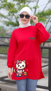 Forever Kaos Oversize Lengan Panjang Kerut Slit Daily Motif Kartun Lucu LD Jumbo Katun Premium