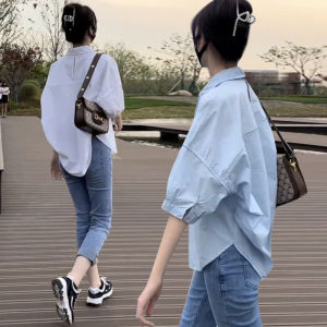 Womens Spring Loose Cotton Shirt Sun Protection Outerwear Casual Small Size Friendly White Button-Up Top for Ladies