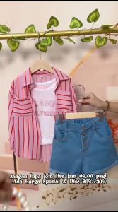 Setelan 3in1 Kemeja Anak Perempuan Motif Salur Champs + Hotpants