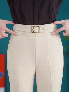 Beige Silk Cotton Linen Suit Pants Women Summer Thin Elastic Waist Casual Loose Leggings High Waist Long Pants Pear Shape