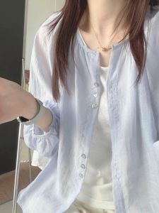 เสื้อเชิ้ตแขนยาวผ้าลินินกันแดดไซส์ใหญ่ ทรงหลวม ทรงสั้น สำหรับผู้หญิง ช่วงฤดูร้อน เสื้อคาร์ดิแกน แฟชั่นลำลอง