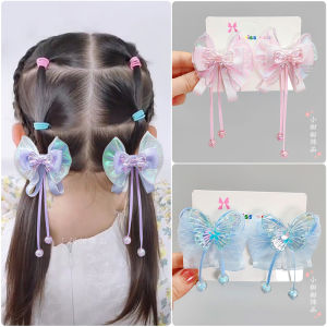 New Arrival Cute Girl Voile Bows Dangling Beads a Pair of Hairclips Kids Bright Yarn Little Girl Headdress Flower Little Princess Hair Accessories