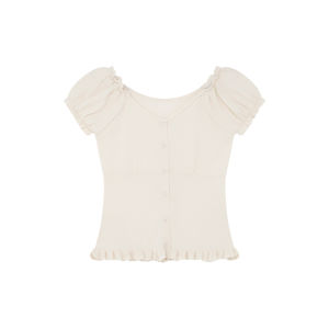 Wood Ear Edge V-Neck Waist Cinching Knit Short Sleeve T-Shirt