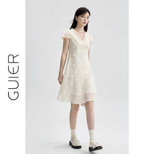 Guier Womens V-neck Waist-cinching Dress Summer 2025 New Style French Elegance Long Dress A-line Skirt Short Sleeve Zipper Closure