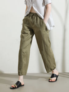 Miccbeirn | กางเกงขายาวทรงตรงผ้าลินินแท้สำหรับผู้หญิงไซส์เล็ก สไตล์ย้อนยุค กางเกงขายาวทรงหลวม ทรงสลิม เอวสูง ความยาว 9 ฟุต