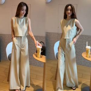 ชุดสูทแขนกุดเอวสูงกระชับสัดส่วน กางเกงขายาว ชุดสองชิ้น ฤดูร้อน 2025 ใหม่ หรูหรา ลำลอง สไตล์สตรีท ชุดทำงาน ชุดแฟชั่น