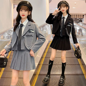lontakids 4Pcs Girls Long Sleeve Jacket Skirt Shirt with Tie Solid Blazer Formal Attire Kids Casual Elegant JK Uniform Suit Outfits