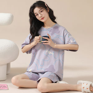 MiiOW | Pure Cotton Short Sleeve Sleepwear Set For Women Summer Thin Style Home Clothes Short Pants V-neck Print Casual Youth Wear