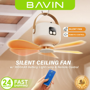 BAVIN BF018 5in1 Portable Outdoor Ultra Quiet Ceiling Fan Type-C Rechargeable w/Light Remote Control for Home & Camping