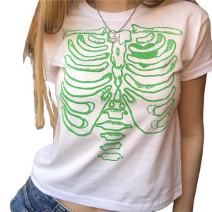 Women Skull Print round Neck Street Short Sleeves Female Street Style Short Sleeve