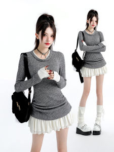ชุดเดรสสั้นถักแขนยาวสไตล์เกาหลีฤดูใบไม้ร่วงและฤดูหนาวสำหรับผู้หญิง กระโปรงทรงเอเข้ารูป ชุดเดรสสั้นสไตล์หวานและเผ็ดร้อน