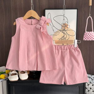 Menoea 3 to 7 Years Girls New Clothing Sets Summer Korean Cute Bow Solid Color Sleeveless Tops and Shorts 2 Pieces Outfits for Kids Clothes Toddlers Costumes Plain Outwear