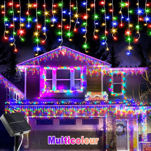 Outdoor Solar Eaves String Lights 160Leds 8 Modes Solar-Powered Icicle String Lights for Christmas Wedding Party Holiday Decor