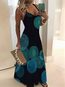 Printed Design Teal Blue Circle Geometric Black Spaghetti Strap  Dress