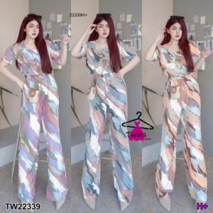 B22339 Set 2 ชิ้น เสื้อ อกแต่งย่น + กางเกงขายาว พิมพ์ลายSet of 2 pieces: wrinkled chest shirt + printed long pants