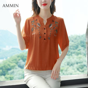 Ammin Phong cách Trung Quốc Mới Ngắn Tay Lỏng kích thước lớn Thêu Áo Linen Cotton 2023 Mùa Hè Mới ngắn cho nữ Tay Áo Giản Dị Hàng Trăm Với áo cánh thêu