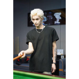 Pure Black Heavyweight Short Sleeve Mens T-Shirt Summer Fashionable Shoulder Line American Style Small Collar Five Sleeve