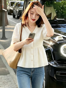 V-Neck Lace Embroidered Short Sleeve Shirt with Bubble Sleeves Slim Summer