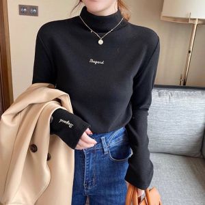 เสื้อยืดคอกลมแขนยาวผู้หญิง ทรงสลิมฟิต ผ้าขนแกะหนา ปกตั้งครึ่งตัว เสื้อชั้นในฤดูหนาว ผ้าขนแกะเดนมาร์ก ผ้าขนแกะโพลีเอสเตอร์