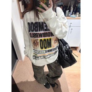 American High Street Fun Letter Print round Neck Long Sleeve T-Shirt Womens Spring Autumn Loose Design Casual Niche Top