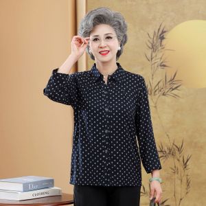 Grandma Shirt Middle-aged Elderly Cotton Silk Summer Dress Short-Sleeved Mother 60 Summer 70 Old Lady Shirt Clothes Cotton Silk Top