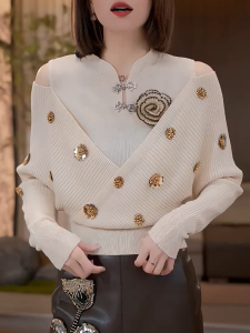QINGNAER | New Chinese Heavy Embroidery Flower Fake Two Pieces Large Size Womens Knitwear