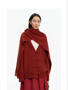 Lantern Red Traditional Design V-Neck Drop Shoulder Wool-Blend Sweater