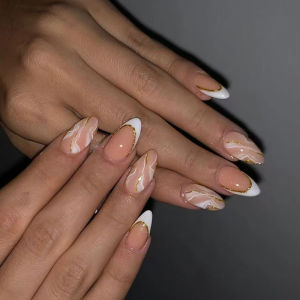 24 Móng Giả Acrylic Dán Trọn Bộ Màu Trắng Sọc Trung Bình Hình Hạnh Nhân Thiết Kế Oval Đơn Giản Dành Cho Nữ