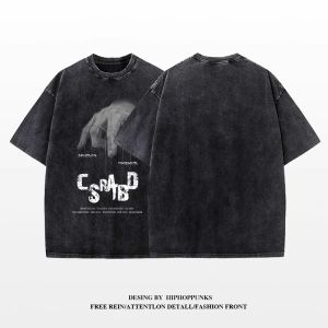 Heavyweight Cotton Distressed American Retro Short Sleeve T-shirt Mens Summer Unique Casual Top Breathable round Neck Tee