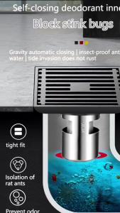 K8218 Series Elegant 304 Stainless Steel Anti-Odor Floor Drain Trap 15x15cm for Bathroom