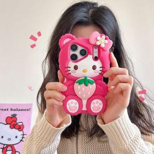 Sanrio | Korea Cute Bowknot Strawberries Sanrio Hello Kitty 3D Silicone Soft Phone Case For iPhone 17 16 15 14 13 Pro Max 16 15Plus Cover