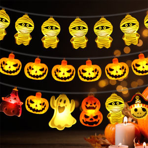 โคมไฟแบบเชือกกะโหลกศีรษะแมงมุมฟักทองแบบไฟสตริงฮาโลวีนแบตเตอรี่กันน้ำไฟสำหรับอุปกรณ์ตกแต่งห้องจัดปาร์ตี้ฮาโลวีน