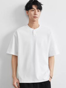 Loose Fit American Retro Mens Polo Shirt Short Sleeve Henry Collar T-Shirt Summer Trendy Dark Blue Casual Designer Brand