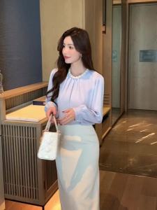 AMMIN 2025 Spring and Autumn new fashion ruffled pearl nail beaded stand collar long sleeve commuter chiffon shirt woman Korean version style simple solid color career elegant blouse