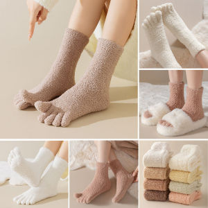 Winter Thick Toe Short Socks Coral Velvet Solid Thermal Keep Warm Floor Sleep At Home Soft Elastic Terry Five Finger Socks