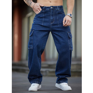 Mens Deep Blue Washed Denim Workwear Jeans Casual Multiple Pockets Design Loose Wide Leg Trousers Y2K Style Cargo Pants