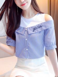 Shoulder Bared Embroidered Letter Short Sleeve Shirt Womens Korean Style Striped Casual Top Summer New Arrival Single Piece